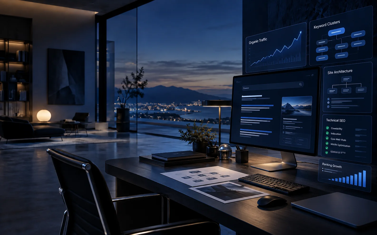 SEO analiz ekranları bulunan modern çalışma alanı