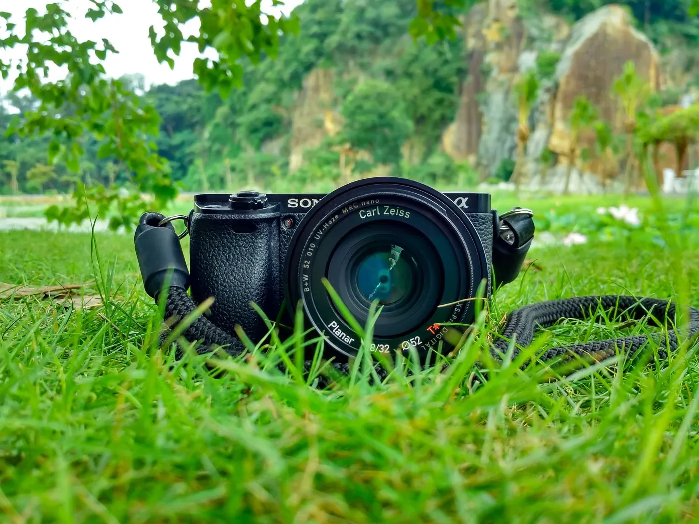 Yeşil çim üzerinde fotoğraf makinesi